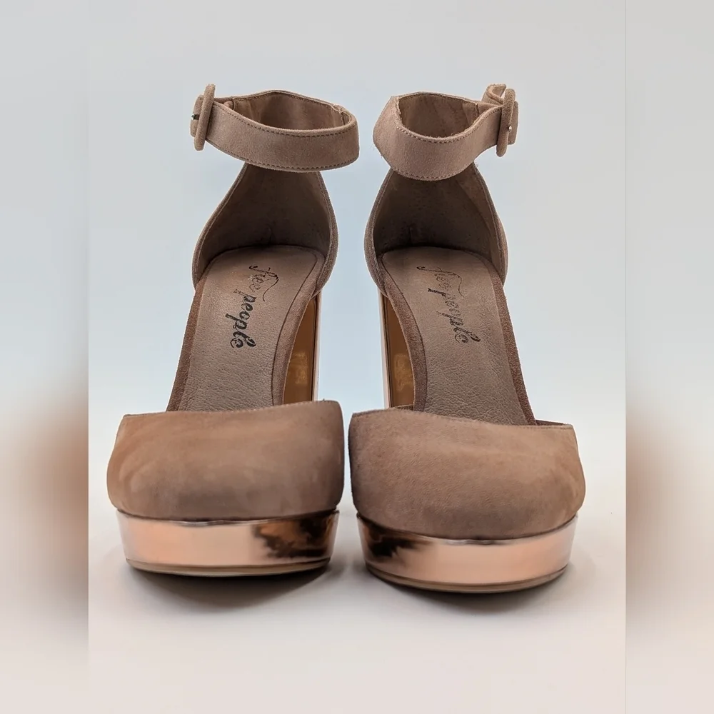 Free People Mix &Mingle Peach Suede Metallic Rose Gold Platform Heels US 7 EU 38